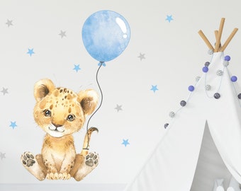 Pandawal Wandtattoo Kinderzimmer Mädchen und Junge Deko Wandsticker Baby Löwe mit Luftballon und Sterne Safari Boho Wandbilder für Kinder