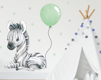 Pandawal Wandtattoo Kinderzimmer Mädchen und Junge Deko Wandsticker Baby Zebra mit Luftballon und Sterne Safari Boho Wandbilder für Kinder