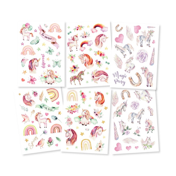 Tattoo for Children Set of 6 Horses Unicorn Rainbow for Girls Children's Birthday Party Favors Skin-friendly Temporary Children's Tattoos