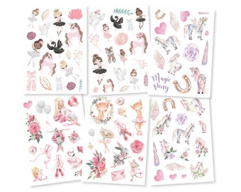 Könnte beinhalten: Sechs Blätter mit Aufklebern mit Aquarell-Illustrationen von Ballerinas, Einhörnern und anderen magischen Kreaturen. Die Aufkleber sind perfekt, um Tagebüchern, Planern und anderen Bastelprojekten einen Hauch von Fantasie zu verleihen.