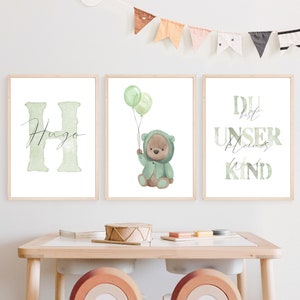 Bear with balloon poster set with name children's room decoration gift for birth/christening animals pictures children baby/baby room personalized