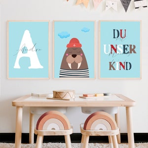 Ahoy Poster Set mit Name Kinderzimmer Deko Junge Mädchen Geschenk zur Geburt/Taufe Maritim Sea Bilder Kinder Baby/Babyzimmer personalisiert