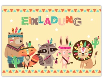 12 invitation cards for children's birthday boho indian animals party invitation for children