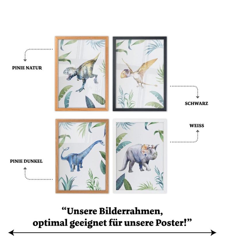 May include: Four different picture frames with a white background and a watercolor illustration of dinosaurs and tropical leaves. The frames are in natural wood, black, and white.