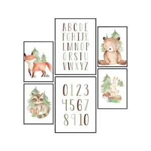 Pandawal Waldtiere  ABC Poster Kinderzimmer Deko Bilder Junge und Mädchen 6er Set für Kinder A4 & A3 Wandbilder ohne Bilderrahmen