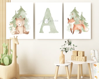 Forest Animals Poster Set with Name Children's Room Decoration Boy Girl Gift Birth/Christening Animals Pictures Children Baby Room Personalized Bear Fox