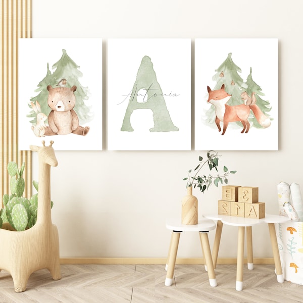 Set di poster con animali della foresta con nome, decorazione per la cameretta dei bambini, regalo per nascita/battesimo, animali, cameretta dei bambini, orso volpe personalizzato