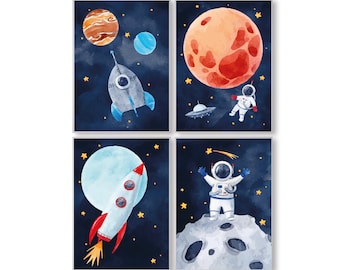 Panda whale children's room poster space astronaut rocket UFO universe planets spaceship decoration set of 4 posters for children
