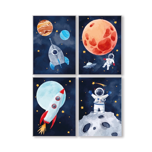 Pandawal Kinderzimmer Poster Weltraum Astronaut Rakete Ufo Universum Planeten Raumschiff Deko 4er Poster Set für Kinder