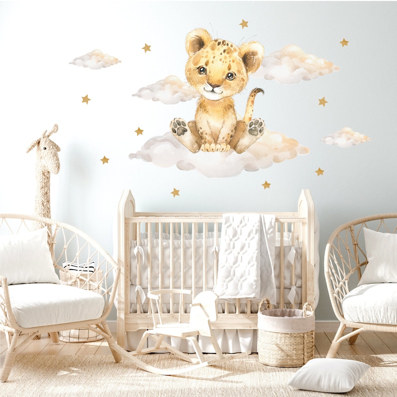 Panda Whale Stickers Muraux Pépinière Bébé Lion avec Nuages et Étoiles Safari Stickers Muraux pour Enfants Décoration Murale Garçons et Filles image 1