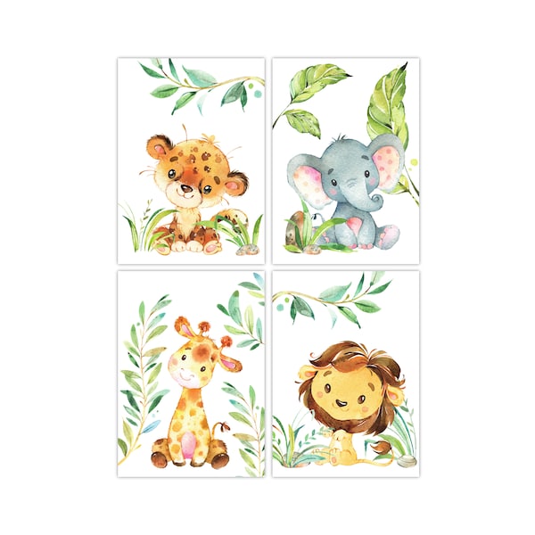 Pandawal Kinderzimmer Babyzimmer Bilder Dschungeltiere Deko 4er Poster Set Junge und Mädchen Tier Wandbilder Elefant Giraffe Löwe Gepard