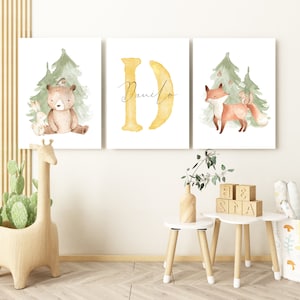 Waldtiere Poster Set mit Name Kinderzimmer Deko Junge Mädchen Geschenk Geburt/Taufe Tiere Bilder Kinder Babyzimmer personalisiert Bär Fuchs Bild 4