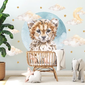 Adesivo murale vivaio baby ghepardo con nuvole luna e stelle adesivi murali safari per bambini decorazione murale ragazzi e ragazze fasciatoio