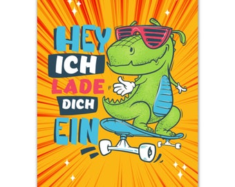 Pode incluir: Ilustração vibrante de um dinossauro verde usando óculos de sol rosa, andando de skate azul. O texto "HEY ICH LADE DICH EIN" está em um fundo laranja brilhante com linhas radiais.