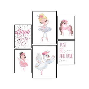 Set di 6 immagini da parete per bambini, balena panda, decorazione per cameretta dei bambini, formato DIN A3 e A4, ballerina, cigno/cavallo, principessa, rosa, set di poster