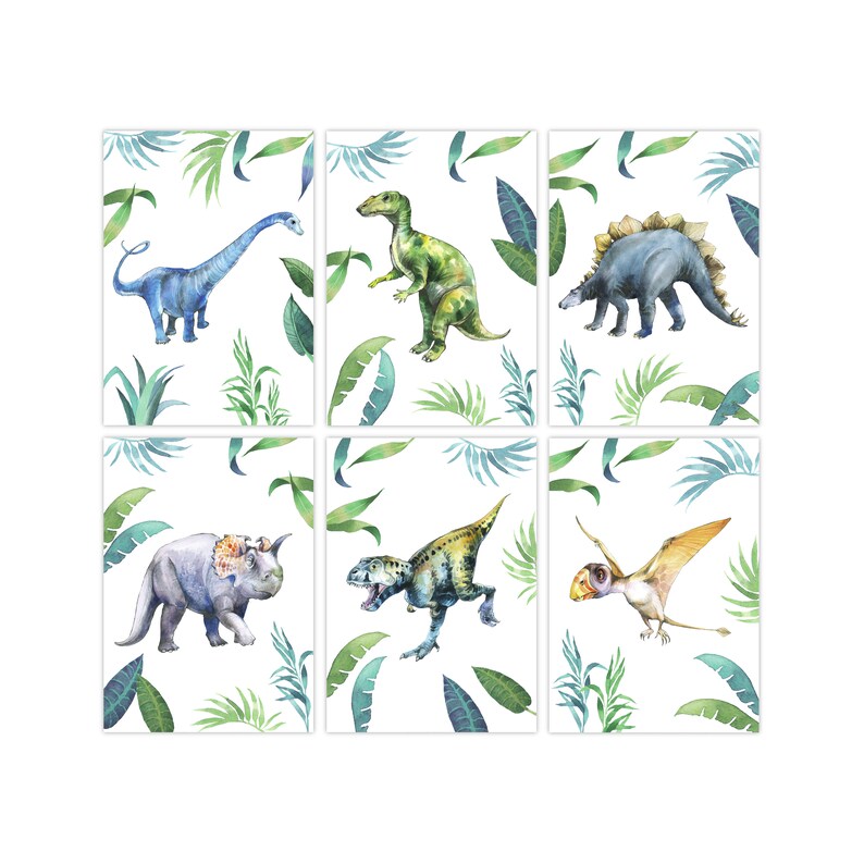 May include: Six watercolor illustrations of different dinosaurs on a white background with green tropical leaves. The dinosaurs are a blue brachiosaurus, a green tyrannosaurus rex, a blue stegosaurus, a gray triceratops, a green velociraptor, and a yellow pterodactyl.