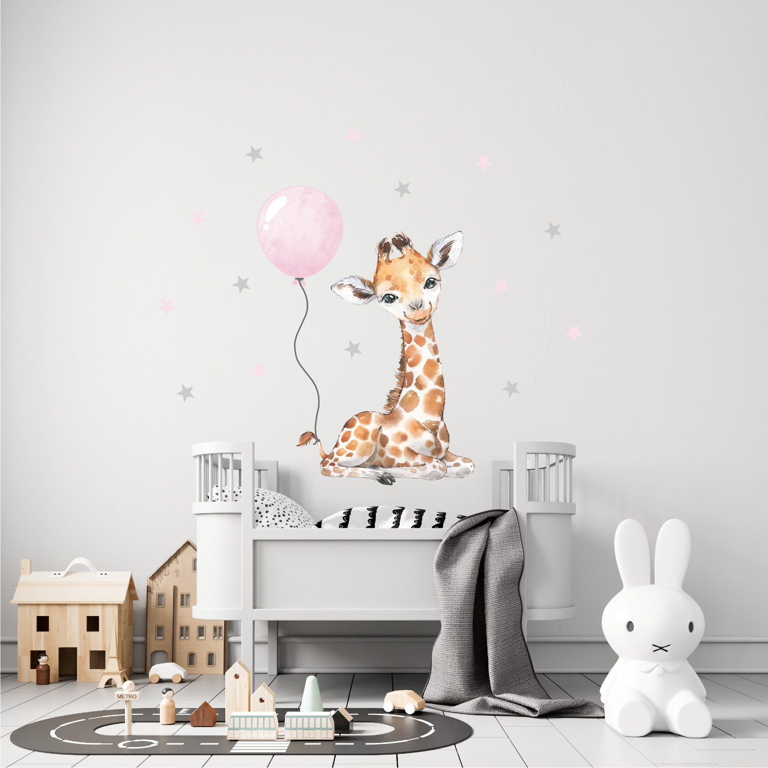 Panda whale wall decal children's room girl and boy decorative wall sticker baby giraffe with balloon and stars safari boho wall pictures for children