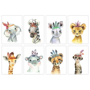 Imágenes de ballenas panda decoración de la habitación de los niños lindos animales de safari indio en estilo boho con plumas conjunto de póster de acuarela para niños / bebés en DIN A4 o A3