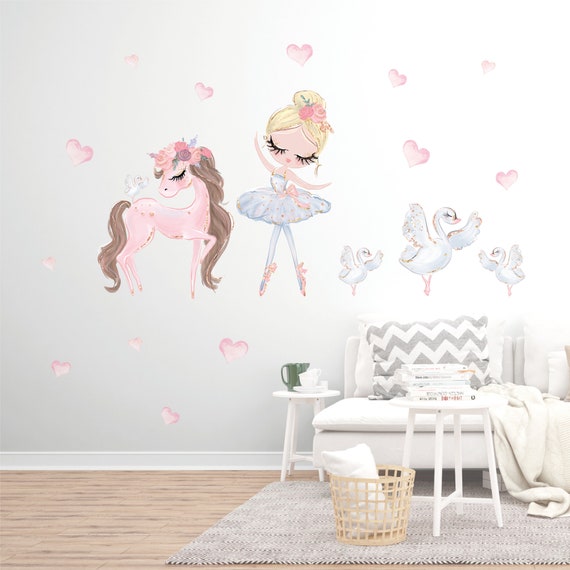 Pandawal Mädchenzimmer Deko Wandsticker Wandbilder Wand Möbel rosa Kinderzimmer Pferd und Mädchen Ballerina Schwan mit und Wandtattoo Set