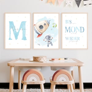 Astronaut Rakete PosterSet mit Name KinderzimmerDeko Junge/Mädchen Geschenk zur Geburt/Taufe Bilder Kinder Baby/Babyzimmer personalisierbar