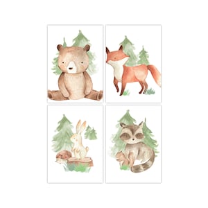 Pandawal Tier Bilder Kinderzimmer Babyzimmer Waldtiere Deko Bär Fuchs Hase Waschbär Poster Set 4er Tiere für Kinder Junge I Mädchen