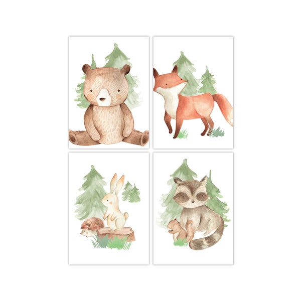 Pandawal Tier Bilder Kinderzimmer Babyzimmer Waldtiere Deko Bär Fuchs Hase Waschbär Poster Set 4er Tiere für Kinder Junge I Mädchen