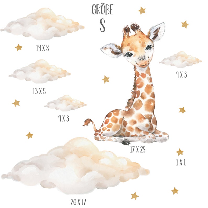 May include: A watercolor illustration of a giraffe sitting on a cloud with gold stars. The illustration includes text that says "GR&Ouml;BE S" and measurements in inches for each cloud.