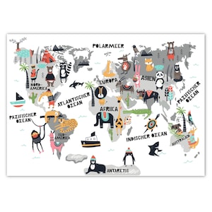 Pandawal Kinderzimmer Deko Junge und Mädchen Kinderweltkarte/Tierweltkarte Poster mit Tiere Schwarz/Grau Bild 50 x 70 cm