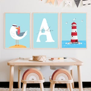Maritim cartel conjunto con nombre decoración de la habitación de los niños niño niña regalo para el nacimiento/bautismo animales marinos imágenes niños bebé/habitación del bebé personalizado