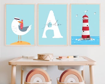 Maritim Poster Set mit Name Kinderzimmer Deko Junge Mädchen Geschenk zur Geburt/Taufe Sea Tiere Bilder Kinder Baby/Babyzimmer personalisiert