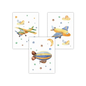 Pandawal hermosas imágenes para la habitación del bebé, decoración de la habitación de los niños, aviones/avión, impresión artística, acuarela, juego de 3 carteles para marcos de fotos A4