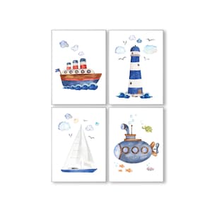 Panda ballena ahoi cartel conjunto de 4 DIN A4 niños imágenes niño I niña vivero decoración azul maritim gaviotas barco faro submarino náutico