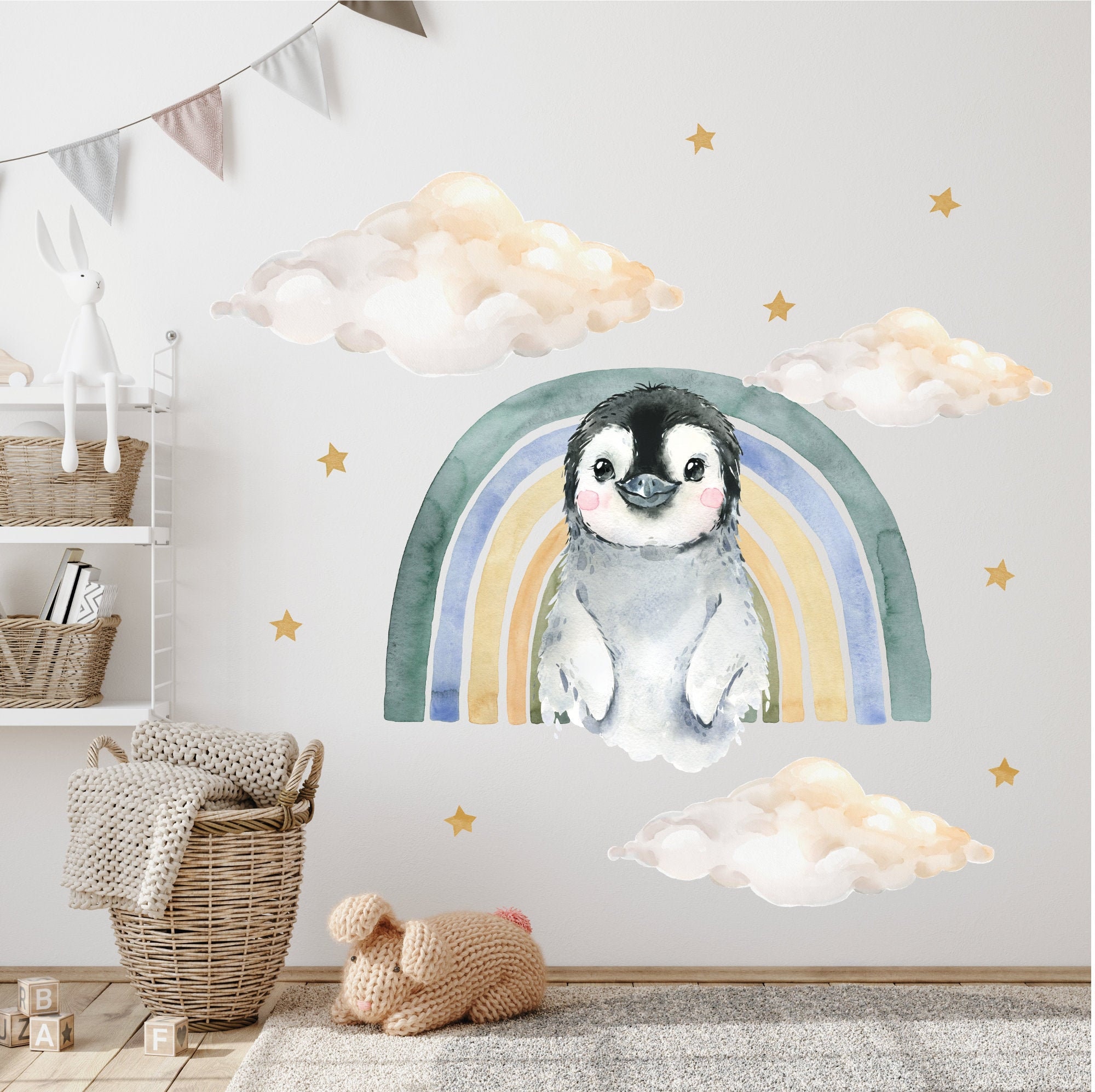 Panda Whale Wall Tattoo Baby Penguin with Rainbow and Clouds Safari Animals Wall Stickers Nursery Decoration Picture for Boys and Girls Mural