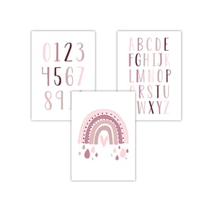 Pandawal Kinderzimmer Deko Baby Bilder 3er Set Alphabet Zahlen Regenbogen Lernposter für Babyzimmer Mädchen und Junge Poster (20x30-30x40cm)