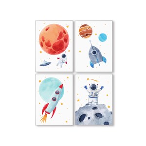 Panda ballena imágenes habitación infantil niños espacio astronauta universo planetas nave espacial decoración juego de 4 carteles para niños en formato DIN A4