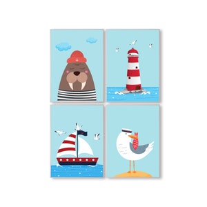 Cuadros de ballenas panda decoración de la habitación de los niños vela marítima gaviotas faro morsa juego de 4 carteles para niños en formato DIN A4