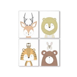 Juego de 4 pósters de animales del bosque con ballena panda para niños ciervos, conejos, leones, osos, búhos, tigres imágenes decoración de la habitación de los niños 20 x 30 cm (formato DIN A4)