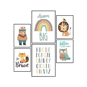 Panda Whale Animal Poster Forest Animals Pictures Children's Room Decoration Boy and Girl Set di 6 per bambini A4 e A3 Rainbow Murals senza cornice