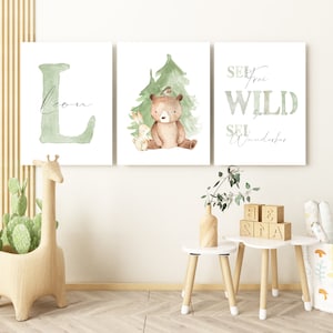 Waldtiere Poster Set mit Name Kinderzimmer Deko Junge Mädchen Geschenk zur Geburt/Taufe Tiere Bilder Kinder Baby/Babyzimmer personalisiert