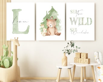 Waldtiere Poster Set mit Name Kinderzimmer Deko Junge Mädchen Geschenk zur Geburt/Taufe Tiere Bilder Kinder Baby/Babyzimmer personalisiert