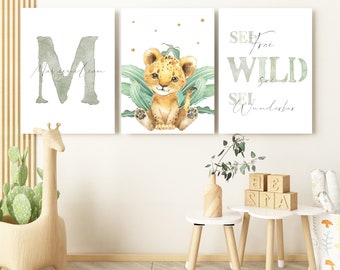 Safari Poster Set with Name Children's Room Decoration Boy and Girl Gift for Birth/Baptism Animals Pictures Children Baby/Baby Room Personalized