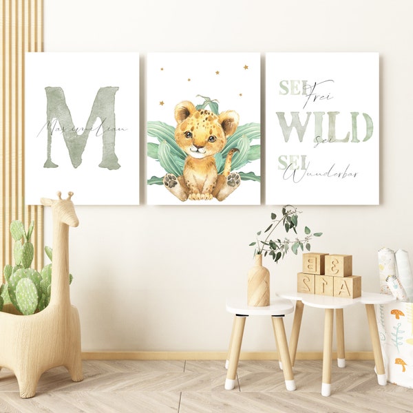 Safari Poster Set mit Name Kinderzimmer Deko Junge und Mädchen Geschenk zur Geburt/Taufe Tiere Bilder Kinder Baby/Babyzimmer personalisiert