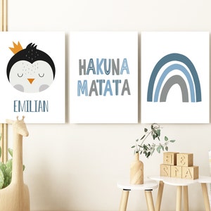 Set di poster con pinguino con nome, decorazione per la cameretta dei bambini, regalo per ragazza, nascita/battesimo, immagini per la cameretta dei bambini, arcobaleno personalizzato con animali