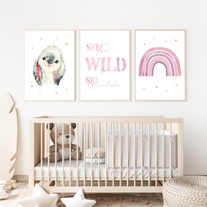 Regenbogen Poster Set mit Tier Kinderzimmer Deko Rosa Mädchen Geschenk zur Geburt/Taufe Tiere Bilder Kinder Baby/Babyzimmer Aquarell