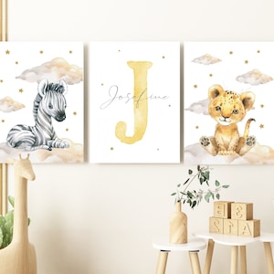 Conjunto de carteles de animales con nombre decoración de la habitación de los niños niño y niña regalo nacimiento / bautismo imágenes niños bebé / habitación del bebé nubes personalizadas