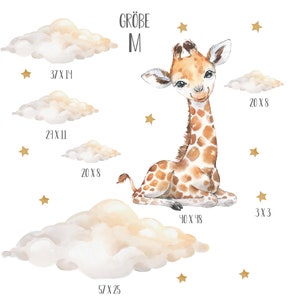 May include: A watercolor illustration of a giraffe sitting on a cloud with gold stars. The image includes text that says "GR&Ouml;BE M" and various measurements in inches.