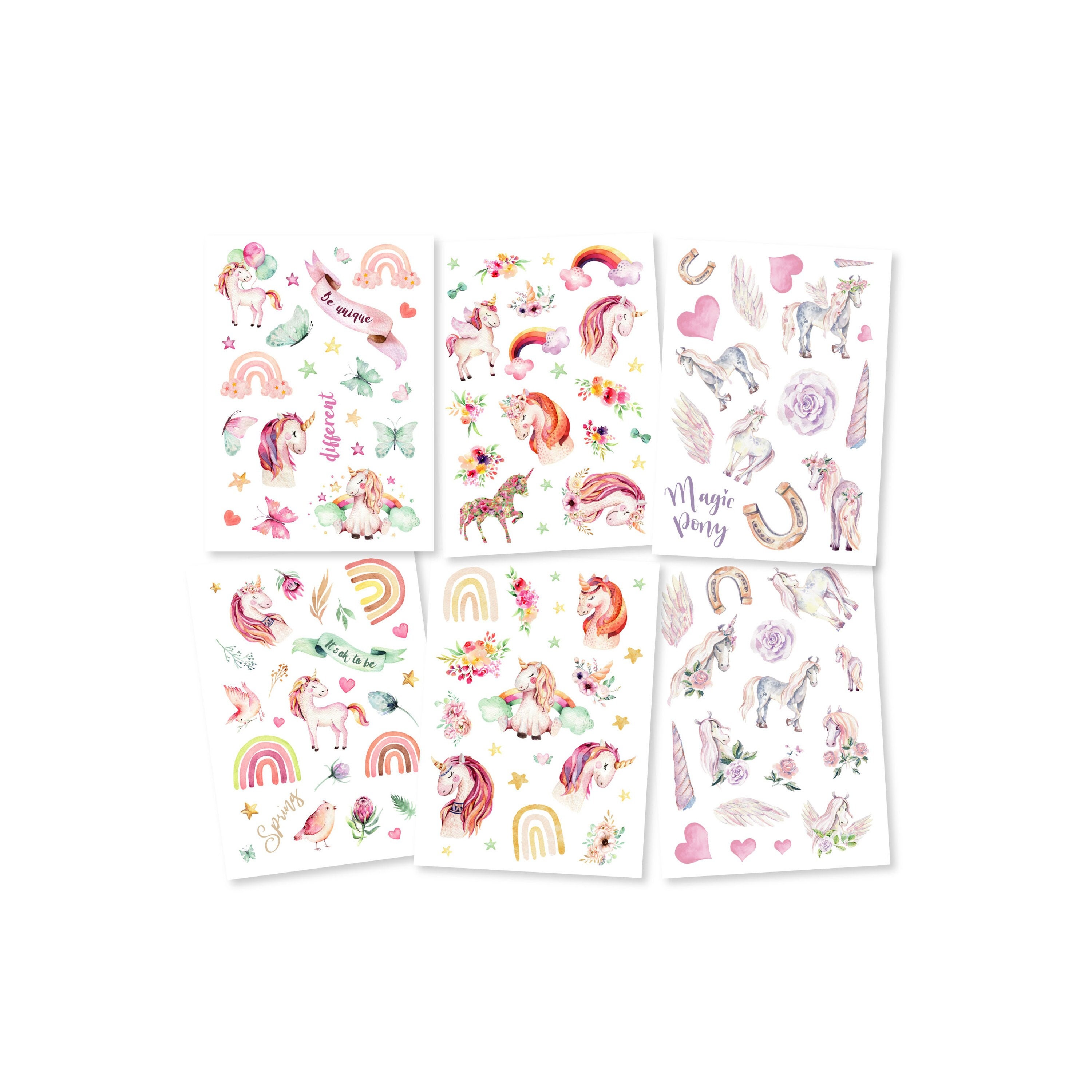 Tatuaje para niños Juego de 6 caballos Unicornio Arco iris para niñas Fiesta de cumpleaños para niños Favores Tatuajes temporales para niños amigables con la piel