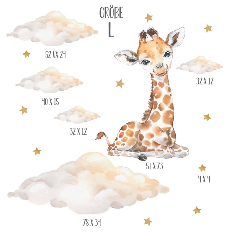 May include: A watercolor illustration of a giraffe with brown and white spots sitting on a cloud. The illustration is surrounded by gold stars and clouds with measurements in inches. The text "GR&Ouml;BE L" is at the top of the image.