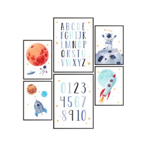Panda Whale Children's Room Poster Set Space ABC Astronaut Rocket UFO Universe Planet Spaceship Decoration Set of 6 DIN A4 & A3 for Children