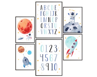 Panda Whale Children's Room Poster Set Space ABC Astronaut Rocket UFO Universe Planet Spaceship Decoration Set of 6 DIN A4 & A3 for Children